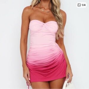 White Fox Boutique Pink Ombre Strapless Ruched Mini Dress